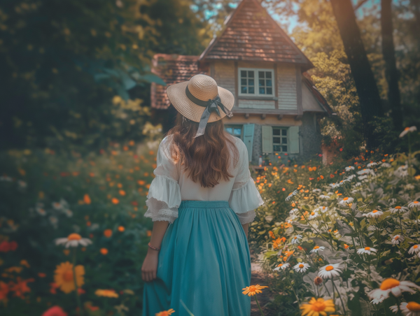 Vintage Style Woman Walking in Garden