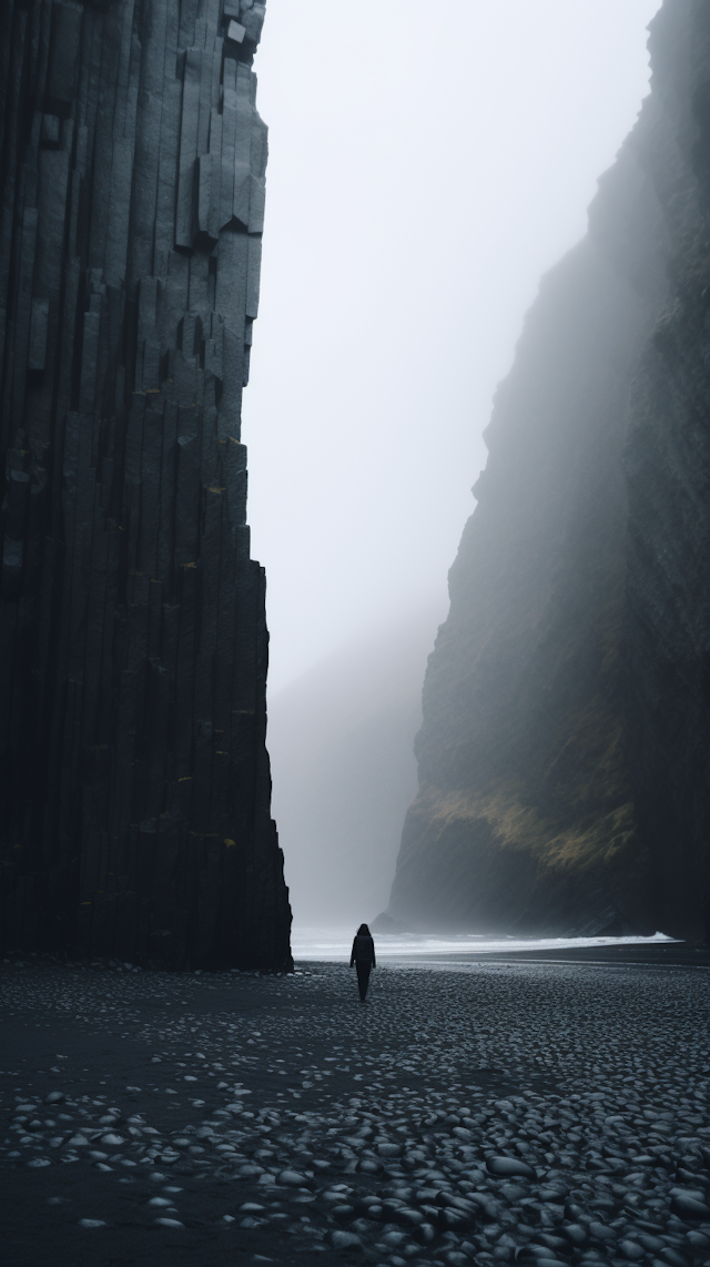 Solitary Wanderer in Mist-Enshrouded Basalt Cliffs