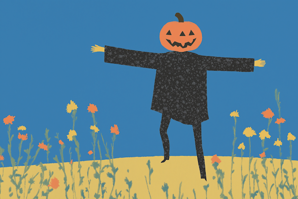 Scarecrow with Pumpkin Head in Autumn Field