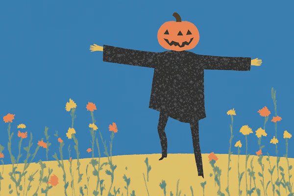 Scarecrow with Pumpkin Head in Autumn Field