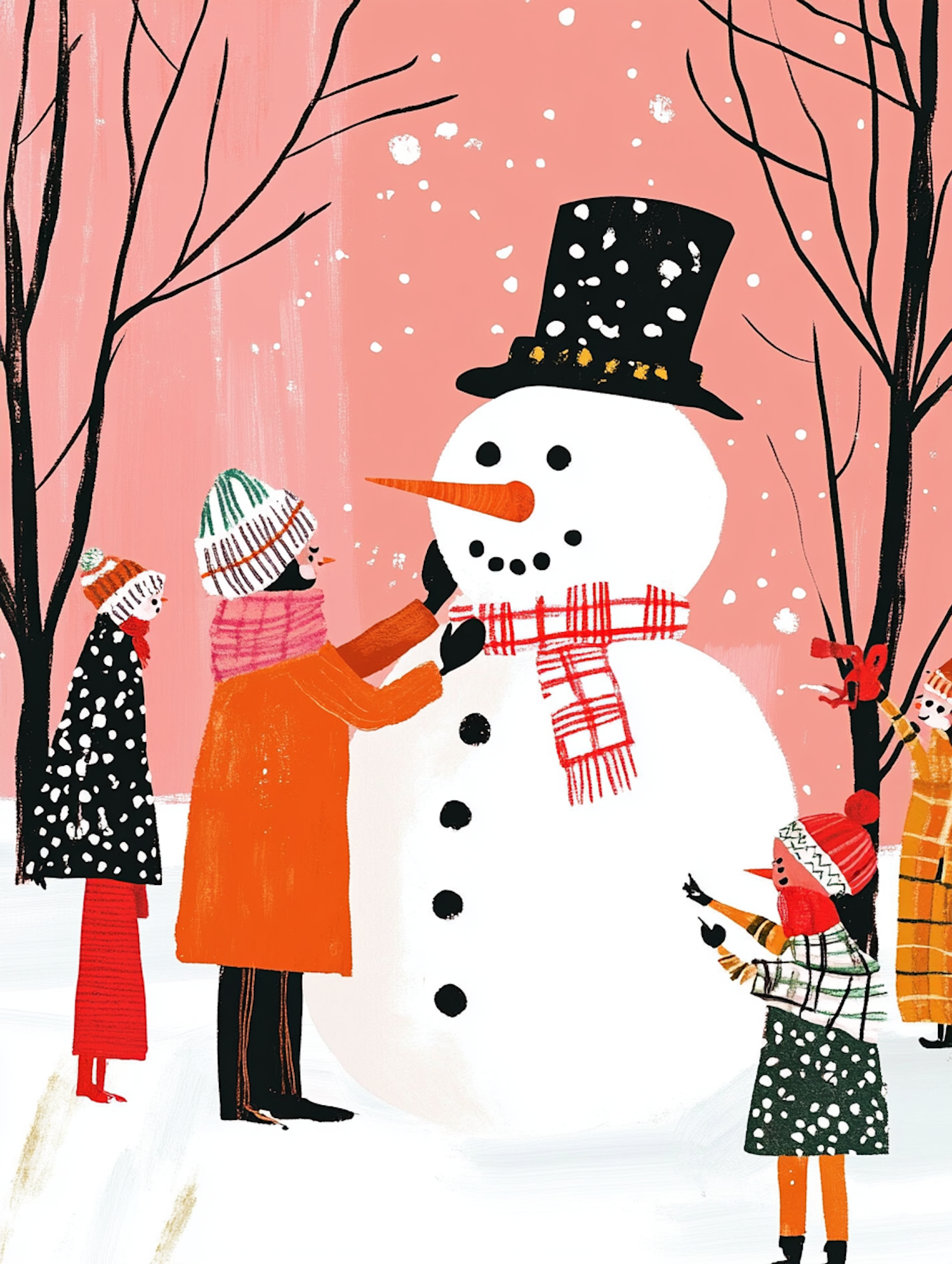 Whimsical Winter Scene with Children and Snowman