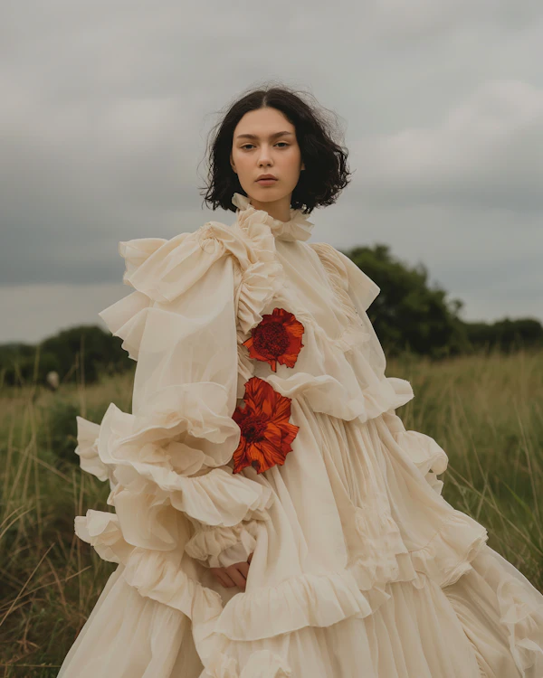 Woman in Floral Dress in Field