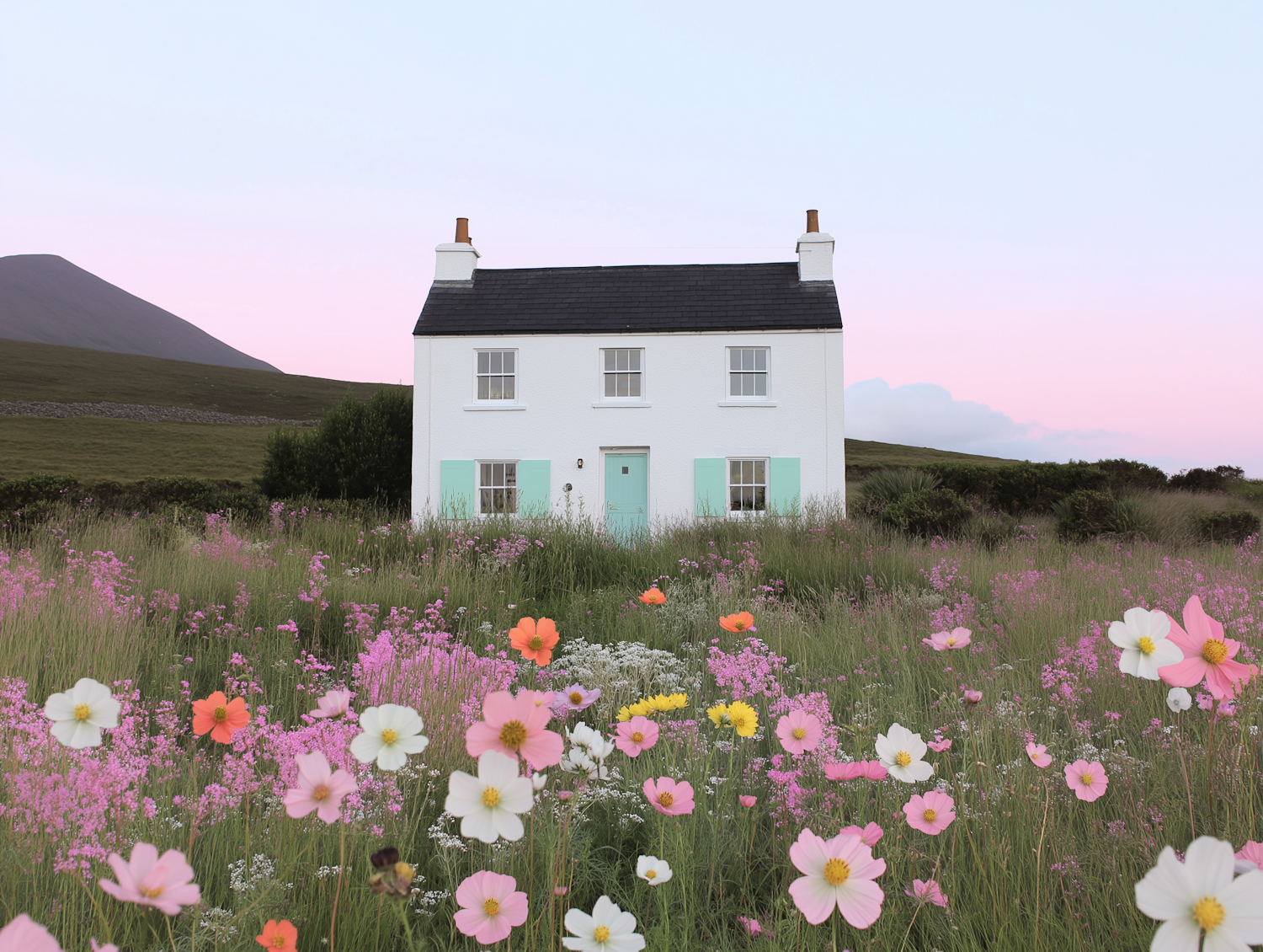 Charming White House with Pastel Blue Shutters