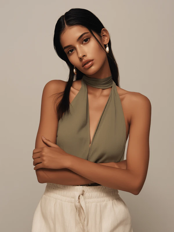 Woman in Olive Halter Top