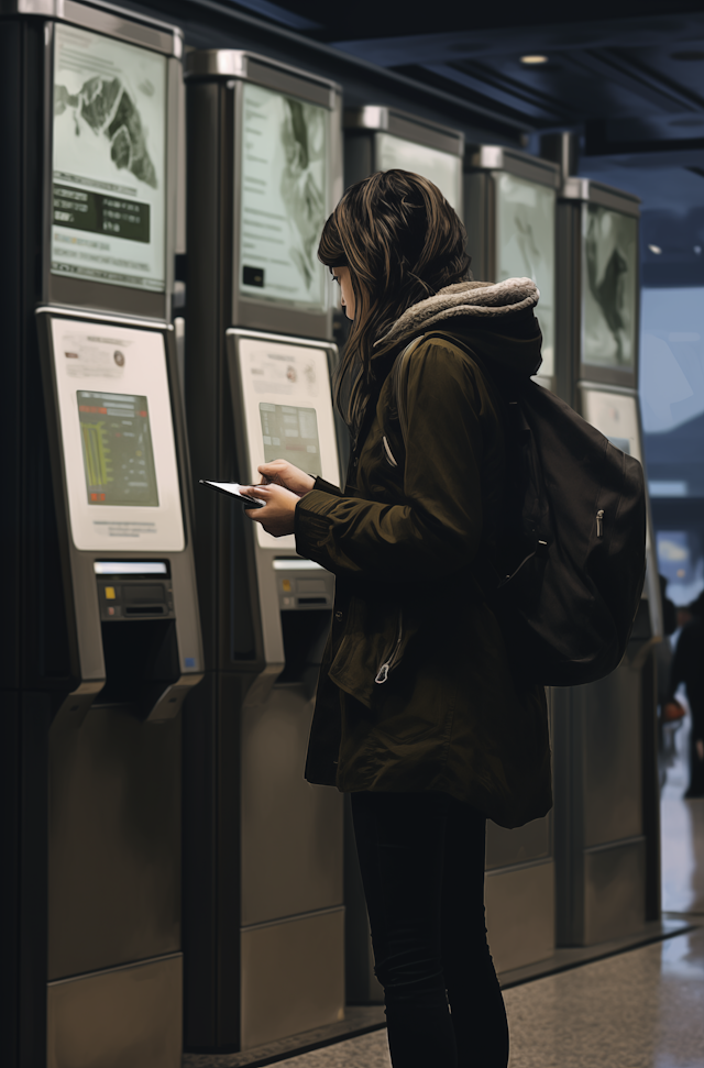 Woman Using Electronic Ticketing Kiosk at Transit Station