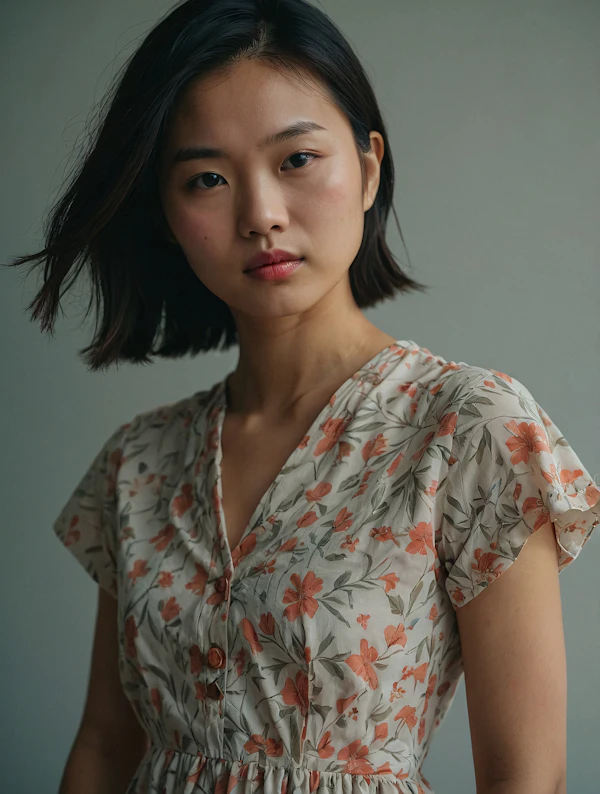 Contemplative Woman in Floral Dress