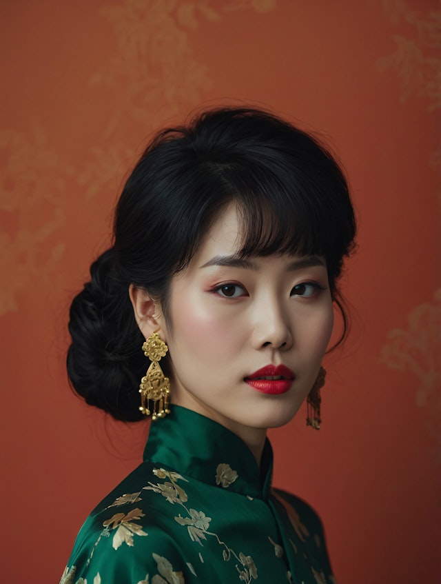 Elegant Woman in Green Silk Garment