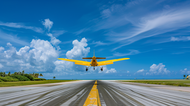 Bright Yellow Airplane in Mid-Takeoff