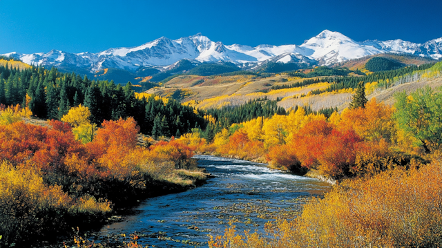 Autumn Landscape with River and Mountains