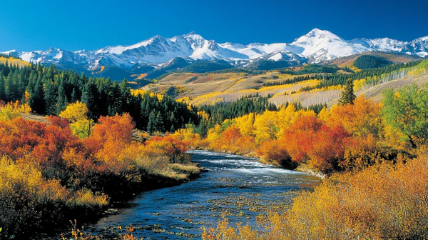 Autumn Landscape with River and Mountains