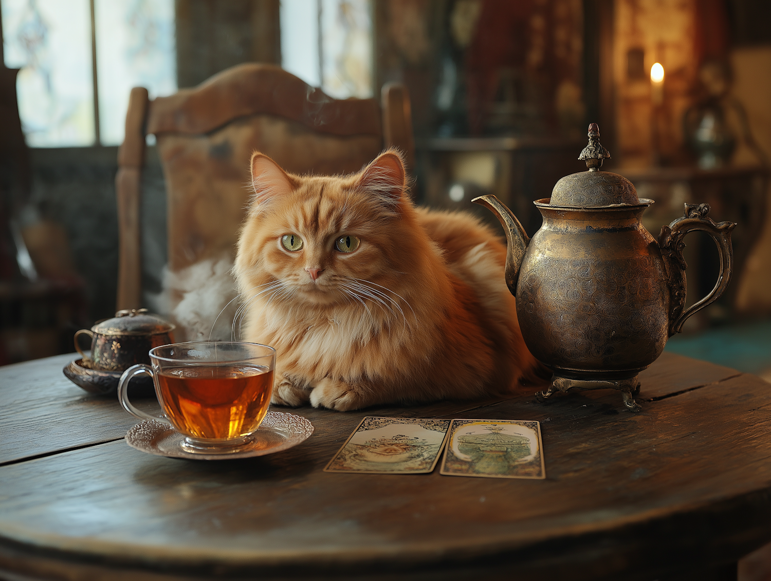 Tabby Cat with Tea and Tarot