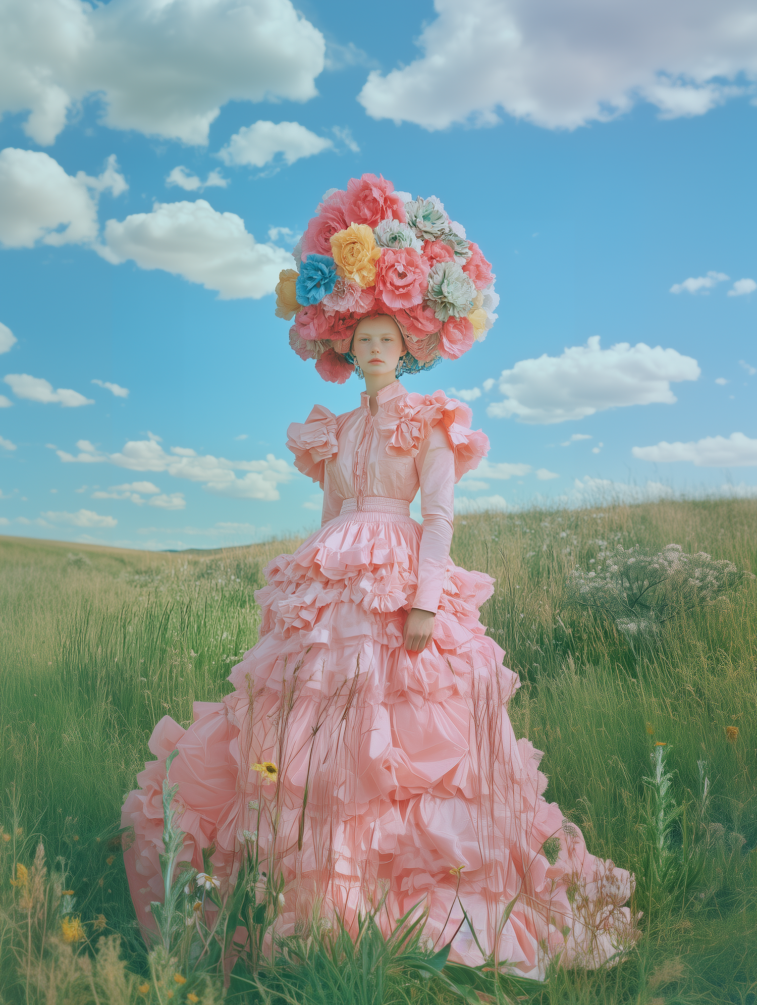 Person in Whimsical Pink Dress in Field