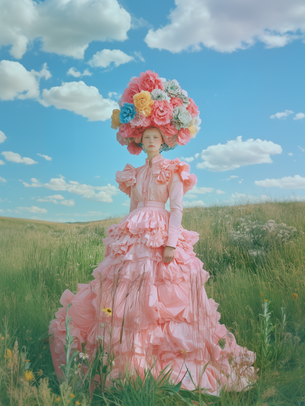 Person in Whimsical Pink Dress in Field