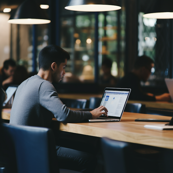 Concentrated Asian Man Working on Laptop in Modern Workspace