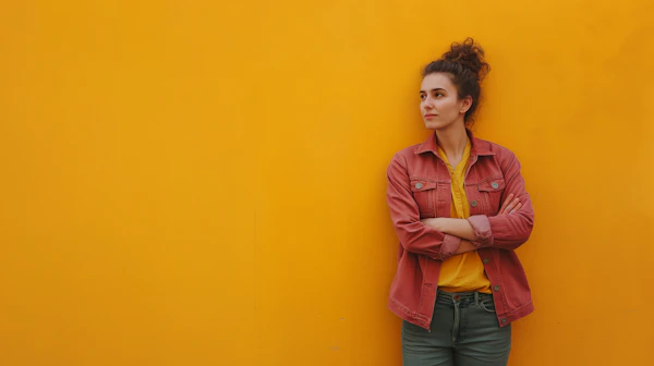 Contemplative Woman in Yellow and Pink