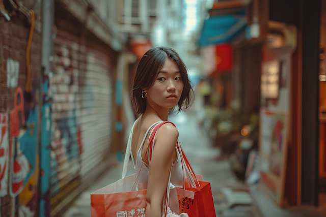 Serene Shopper in Sunlit Alley