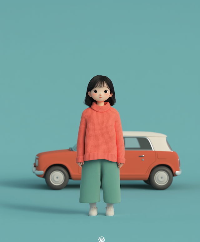 Stylized 3D Character with Vintage Car