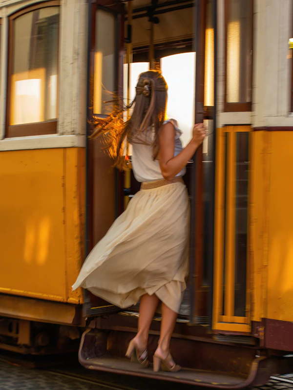 Woman Boarding Tram