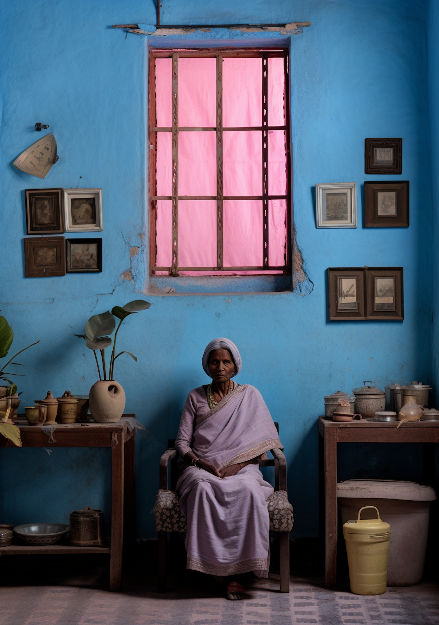 Solemnity in Color: Elderly Woman in Traditional Attire