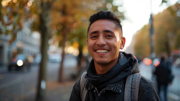 Cheerful Young Man in Autumn Urban Setting