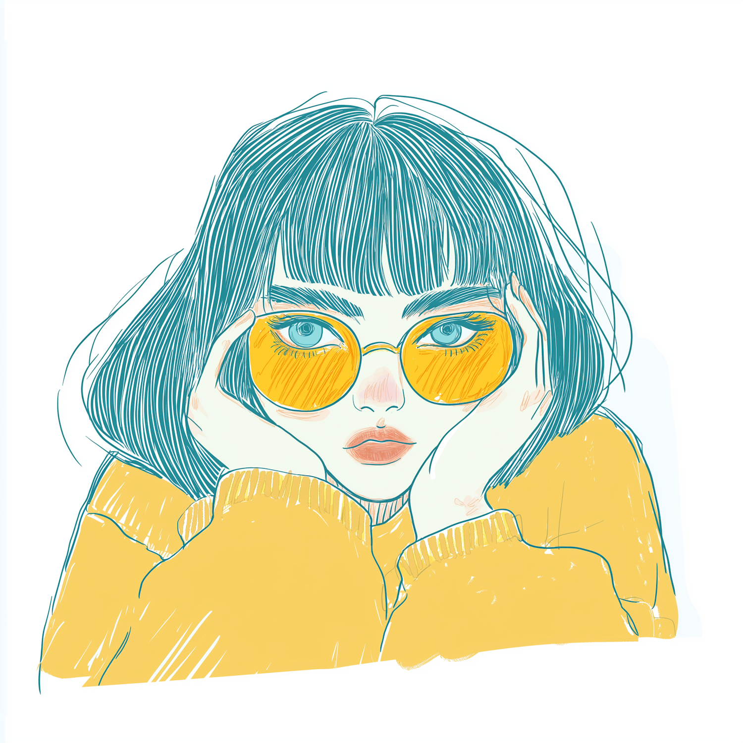 Stylized Portrait with Teal Hair and Yellow Sunglasses