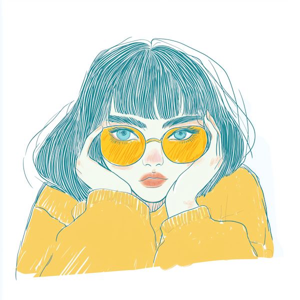 Stylized Portrait with Teal Hair and Yellow Sunglasses