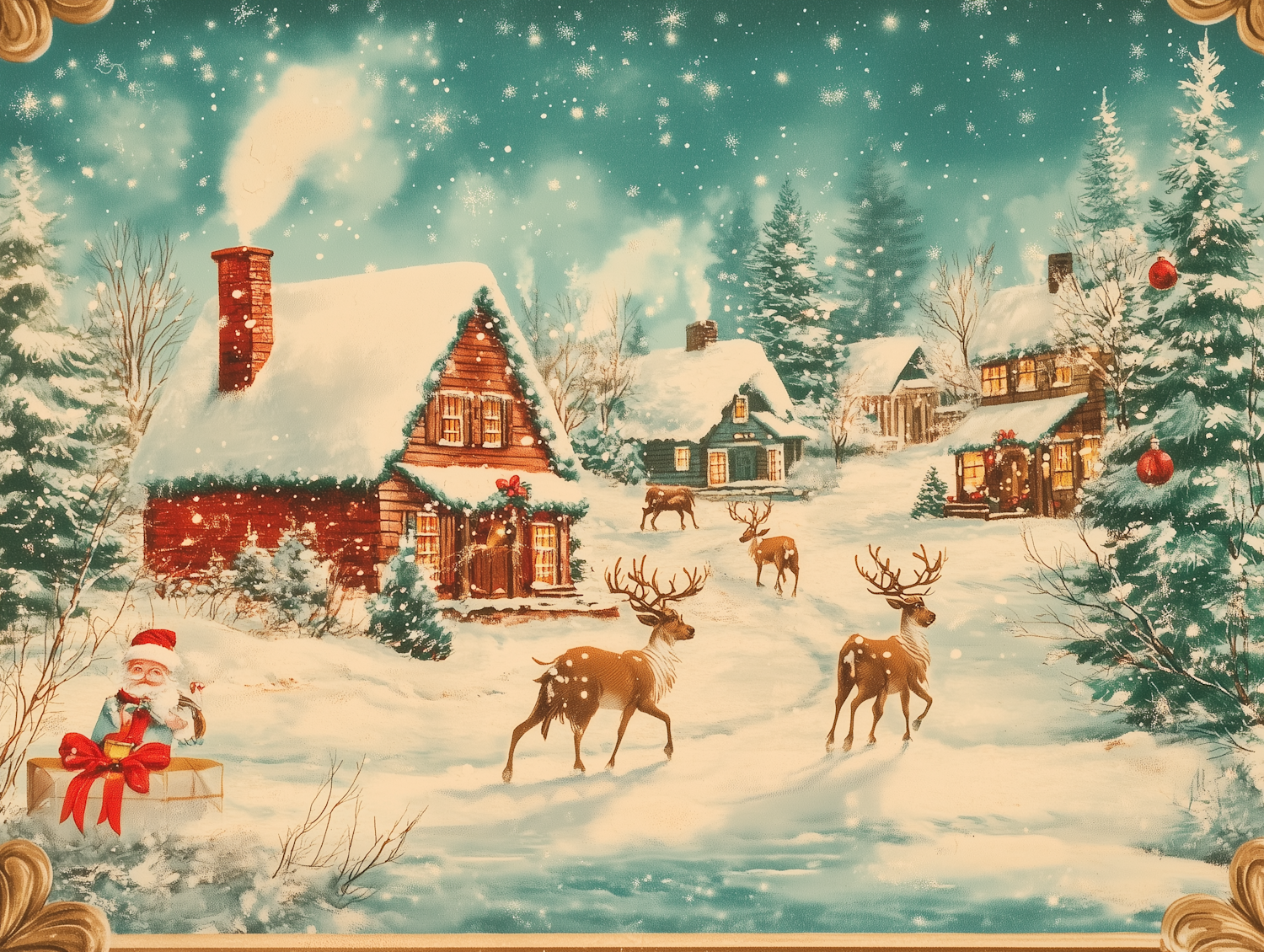 Serene Winter Scene with Cottages and Reindeer