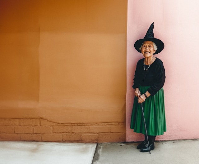 Elderly Woman in Whimsical Halloween Costume