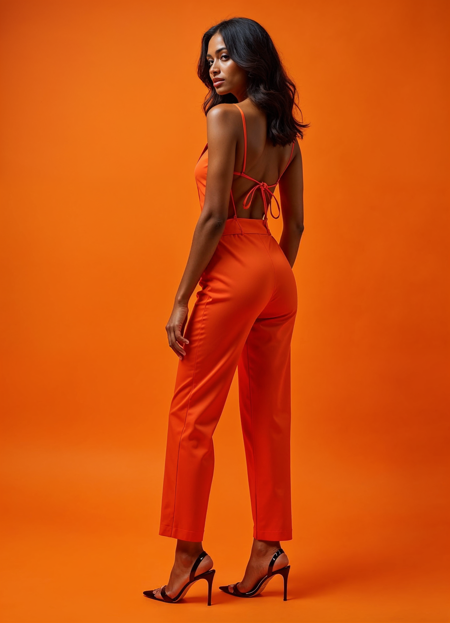 Woman in Orange Outfit Against Orange Background