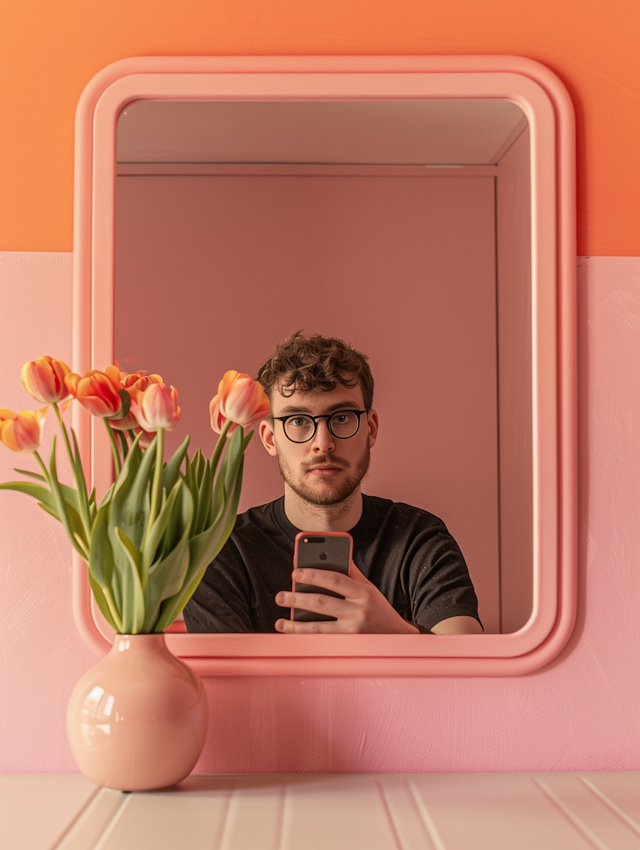 Young Man Taking a Selfie in a Pink Framed Mirror