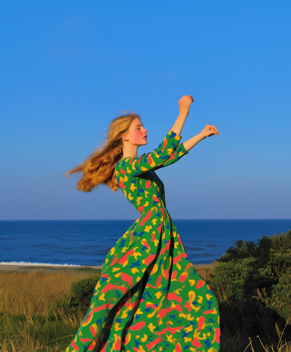 Woman in Flowing Dress by the Ocean