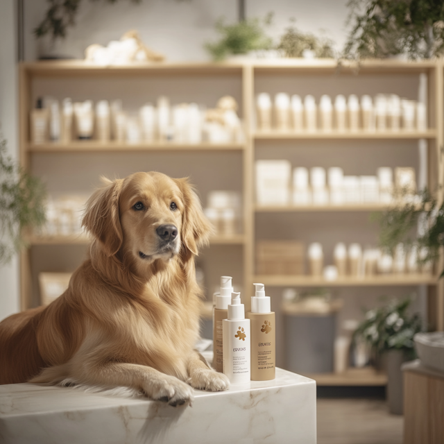 Golden Retriever with Grooming Products