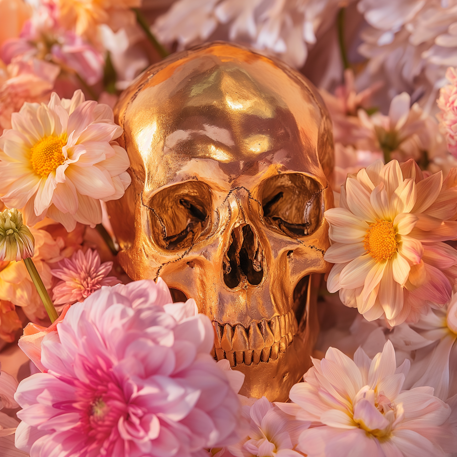 Golden Skull Amidst Pastel Flowers