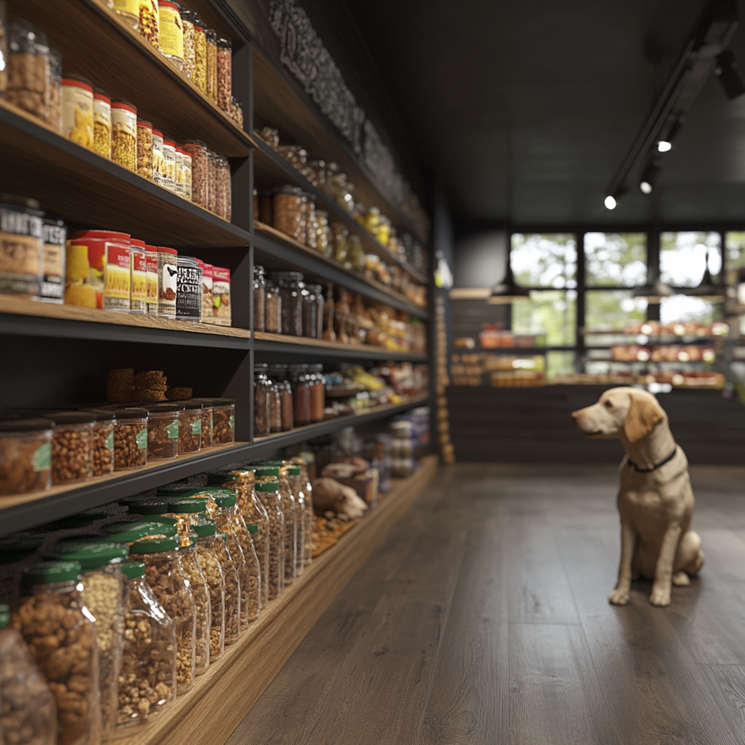 Curious Labrador in Store Aisle