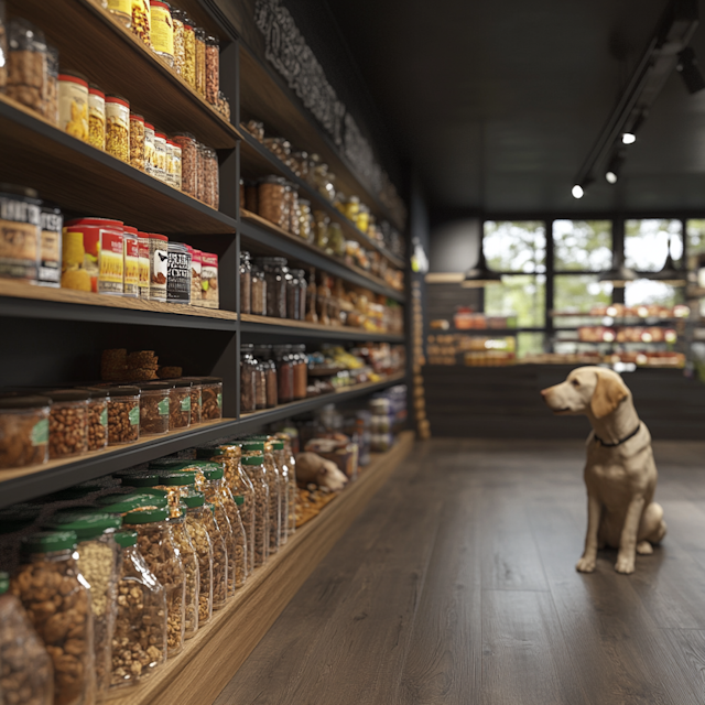 Curious Labrador in Store Aisle