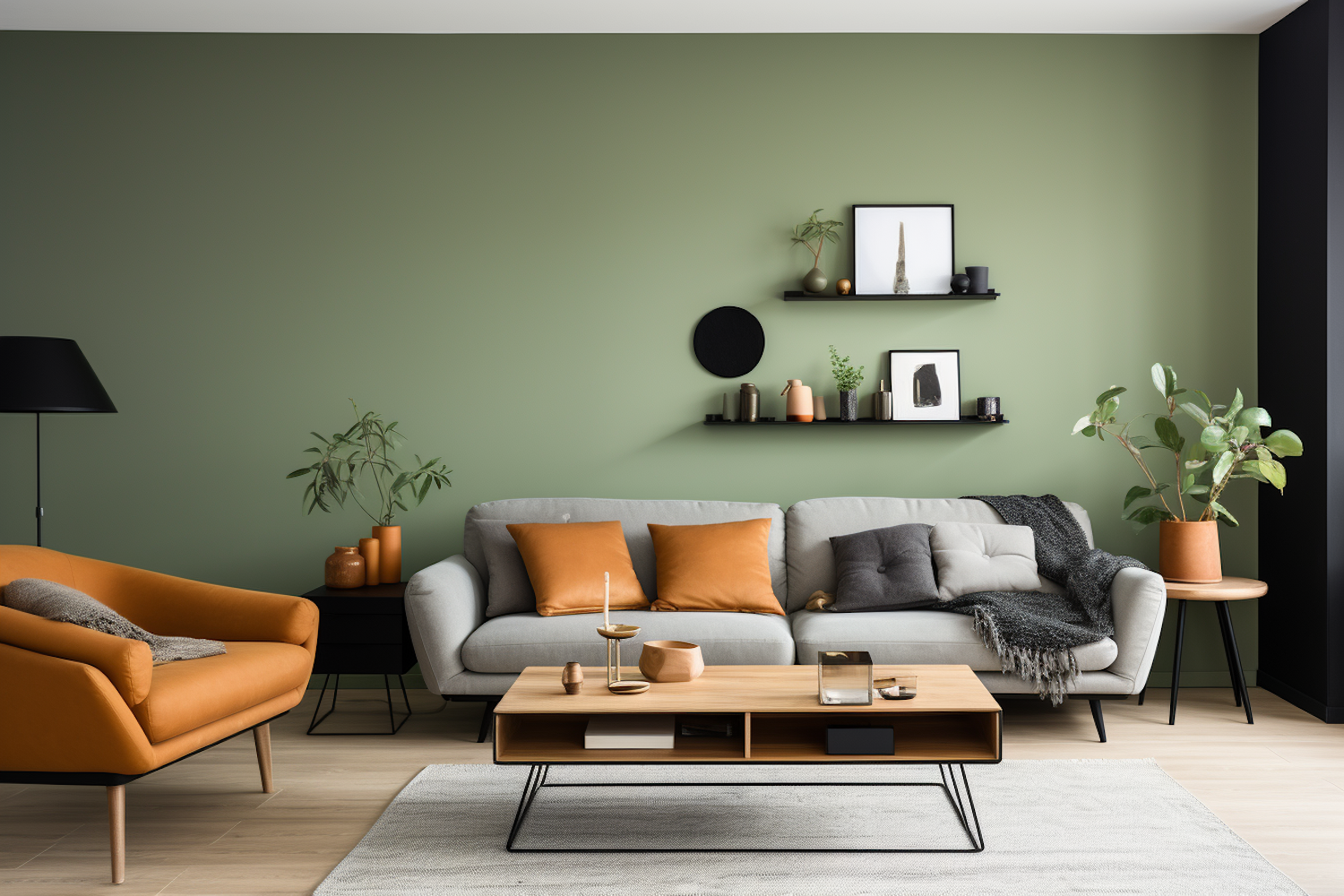 Serene Green Modern Living Room with Vibrant Accents