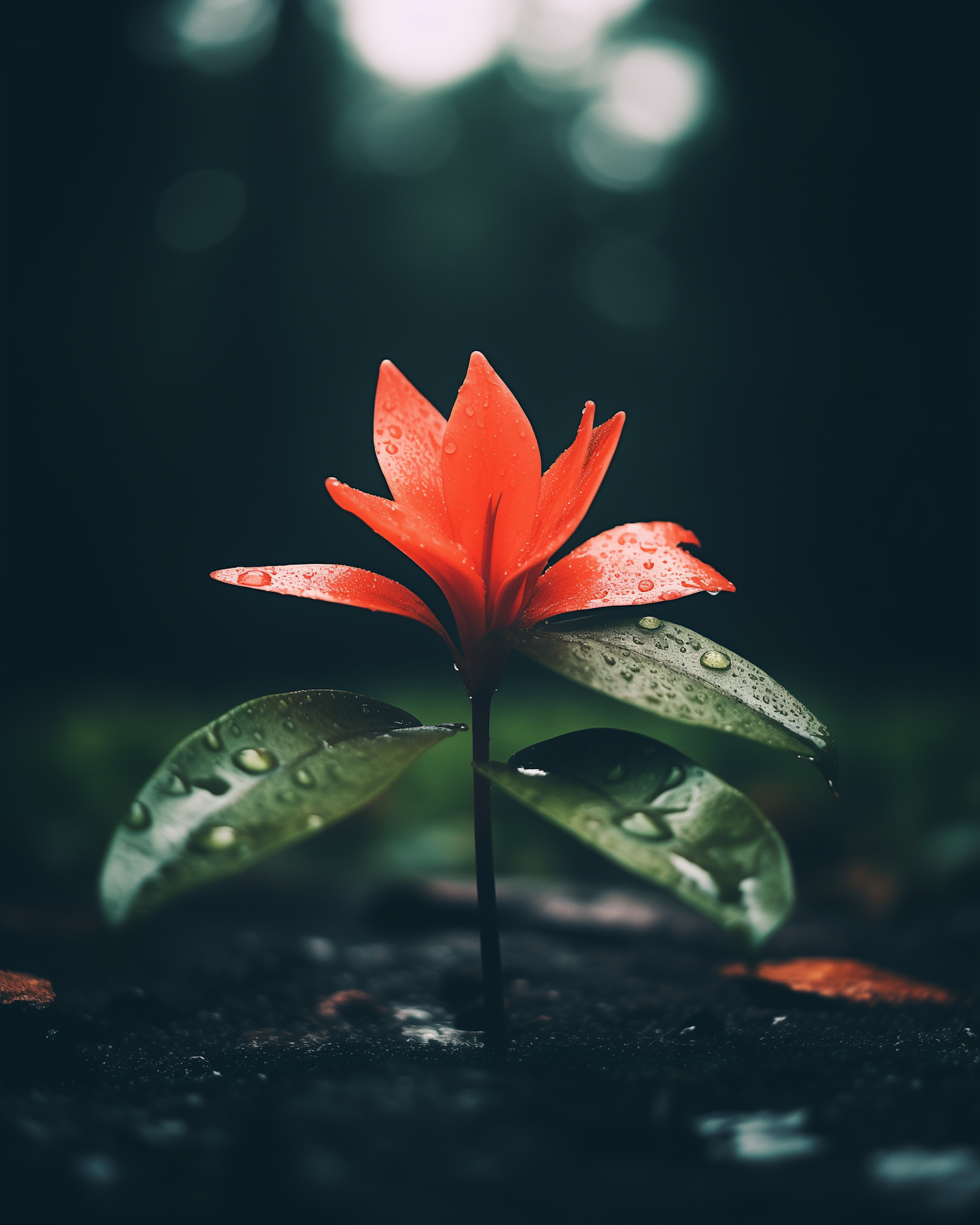 Vivid Red Flower with Dew Drops