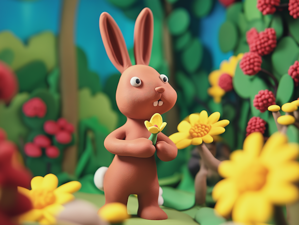 Claymation Rabbit in Vibrant Garden