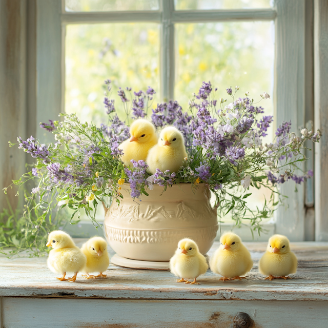 Chicks and Lavender Scene