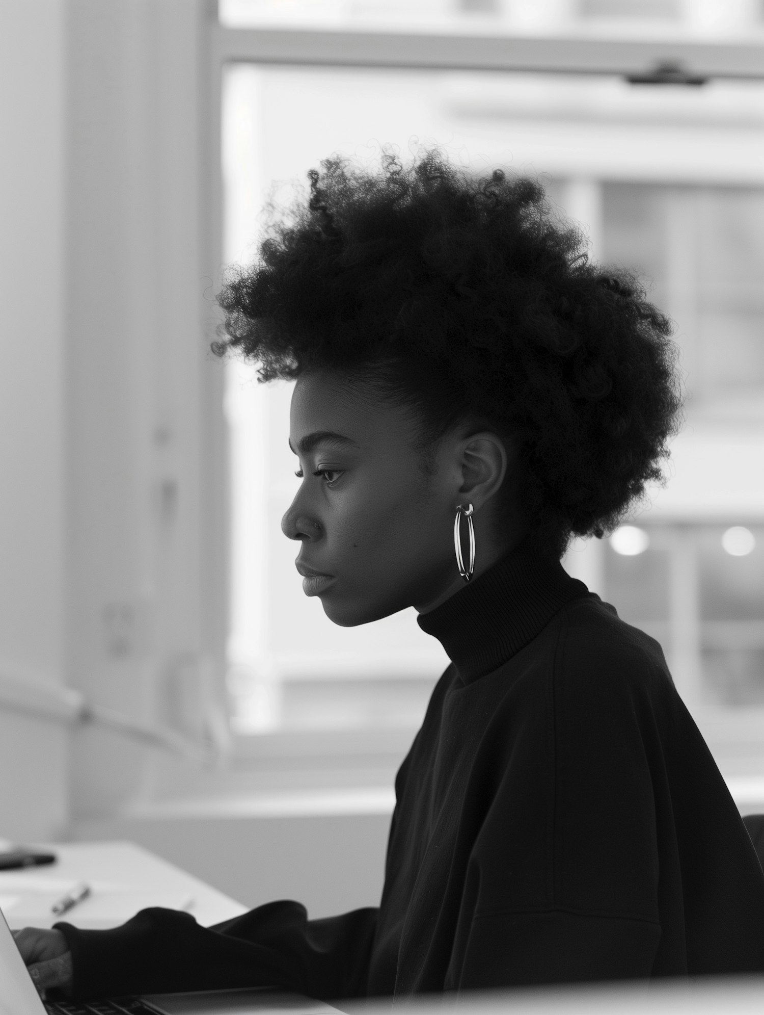 Contemplative Woman with Afro