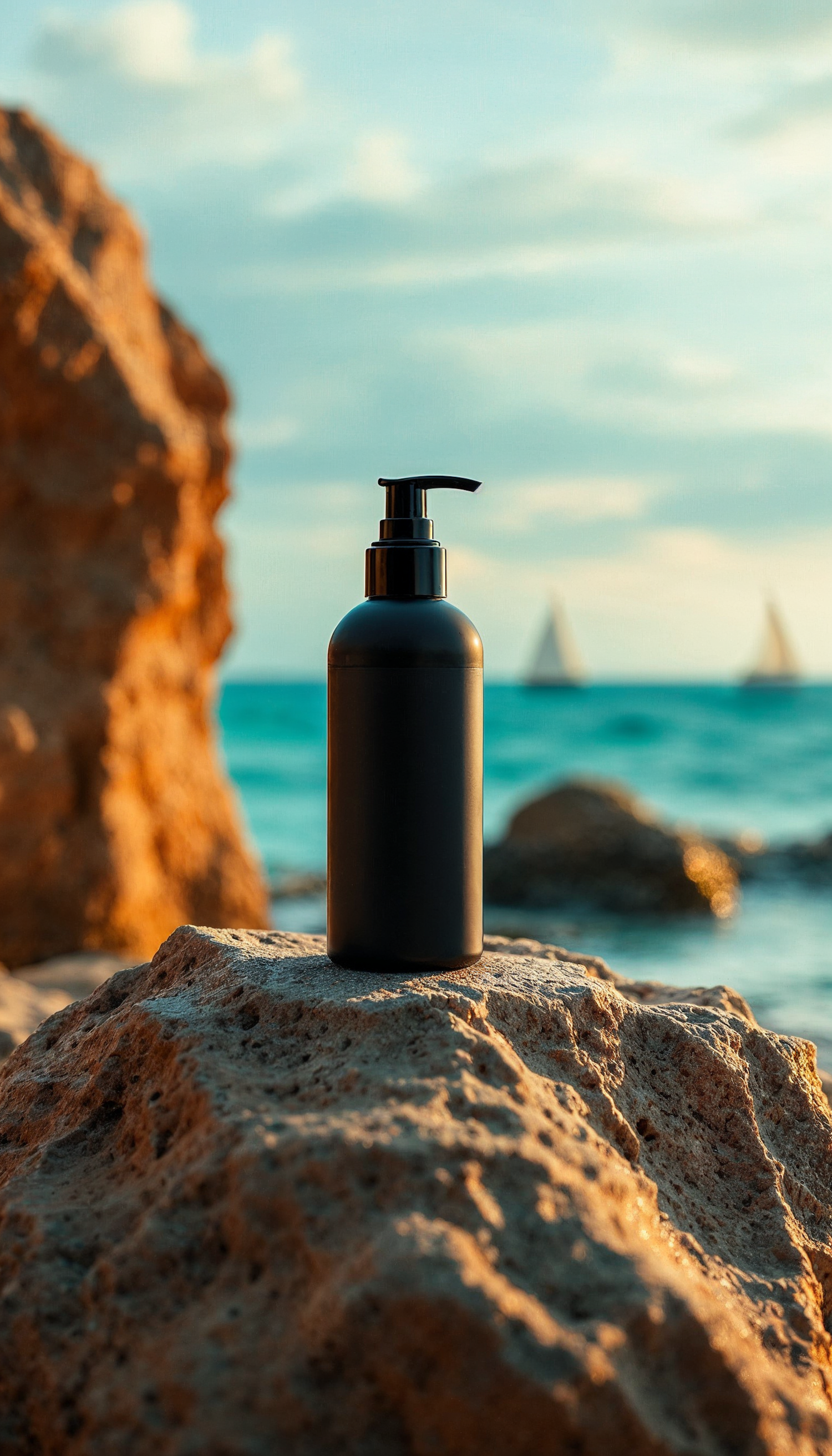 Black Pump Bottle on Rocky Surface