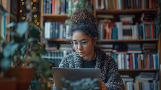 Young Woman Working on Laptop in Library