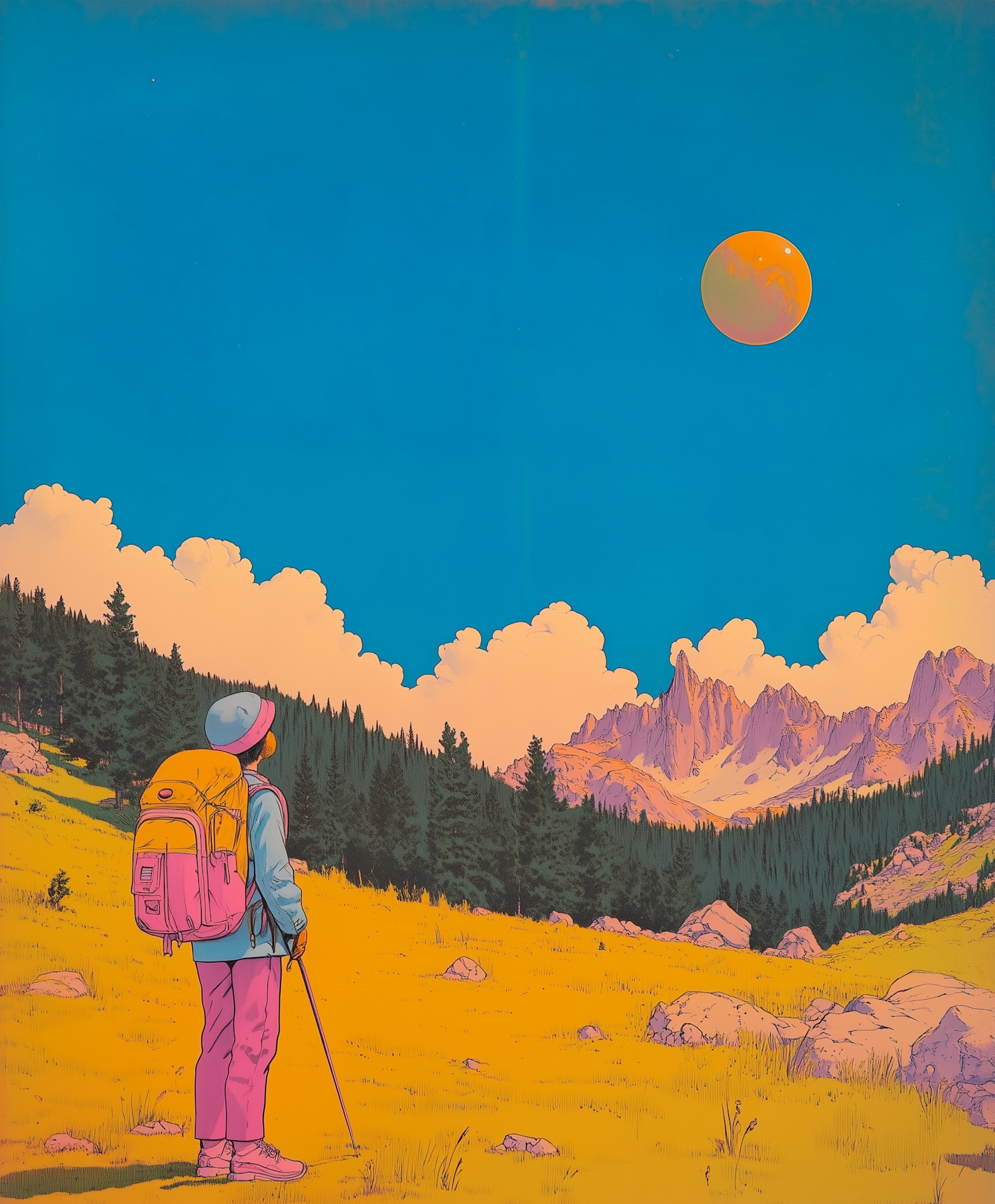 Lone Hiker in Vibrant Landscape