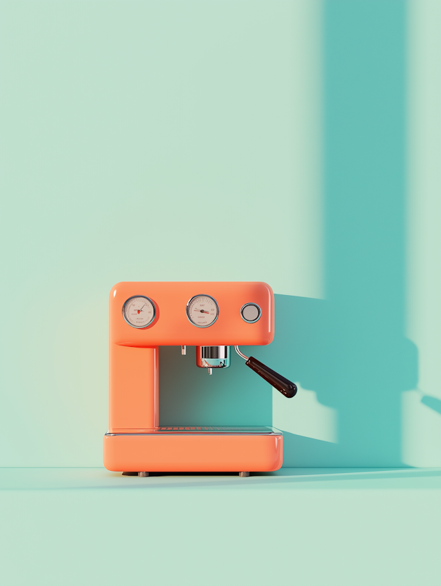 Modern Orange Espresso Machine Against Light Green Background