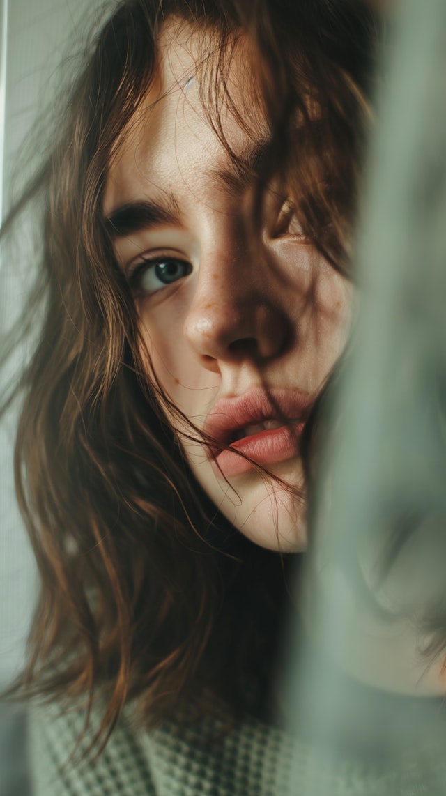 Intimate Portrait of a Young Woman with Textured Glass