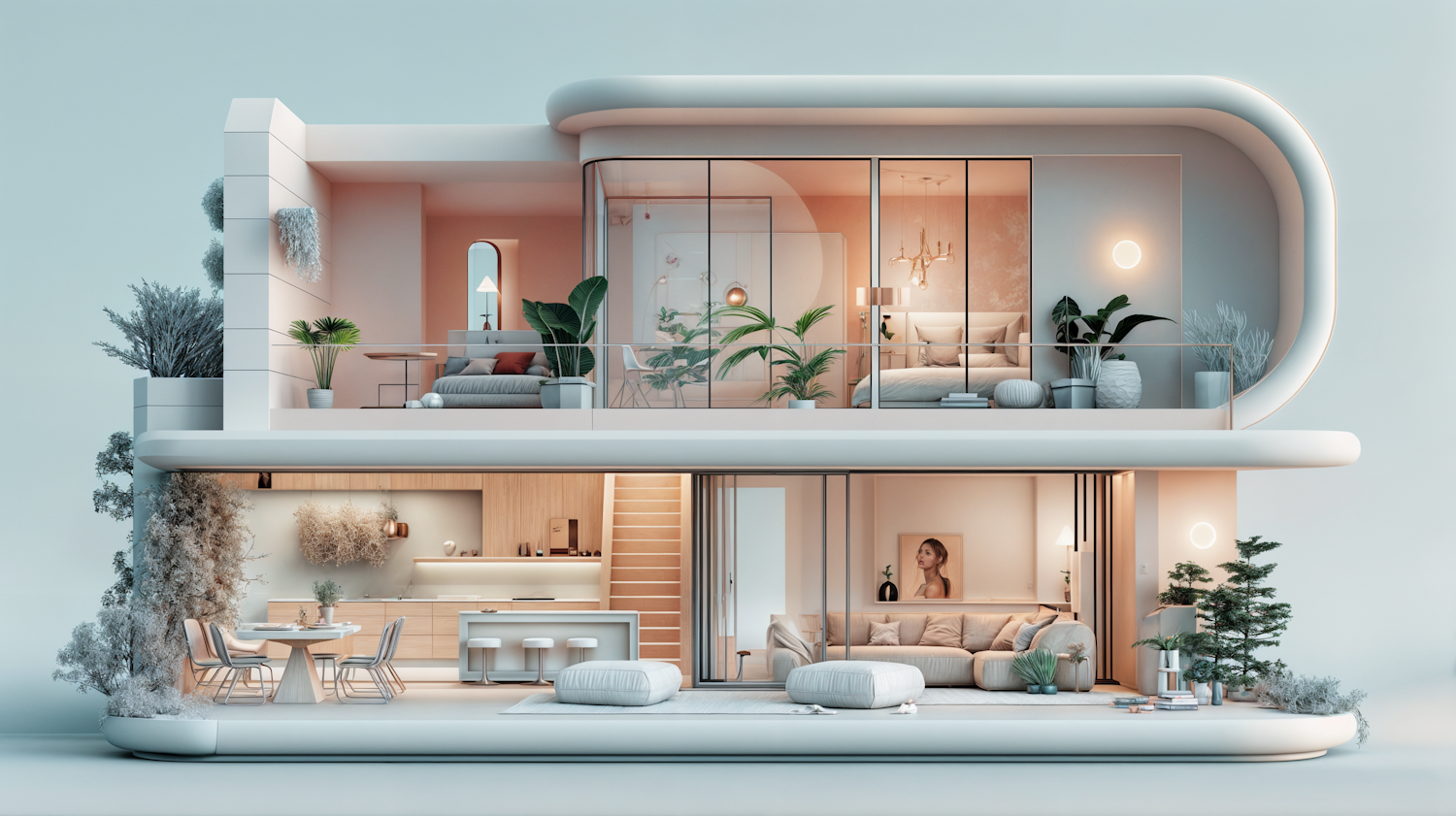 Modern Dollhouse-Style Residential Interior with Young Woman