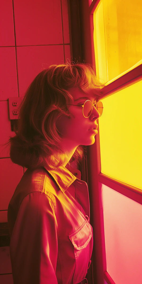 Contemplative Profile in Red and Yellow Light