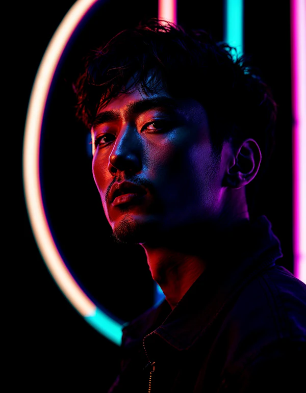 Contemplative Man in Neon Lights