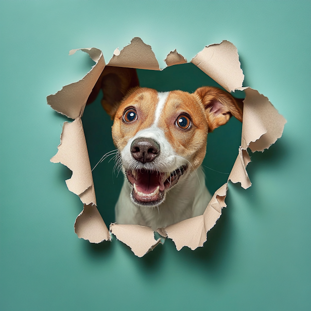 Joyful Dog Peeking Through Teal Background