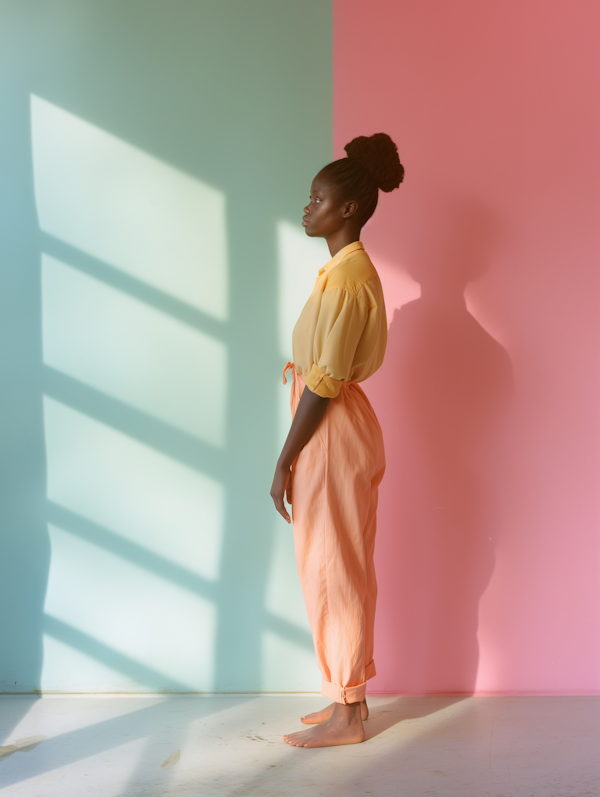 Contemplative Woman with Color-Contrasted Background